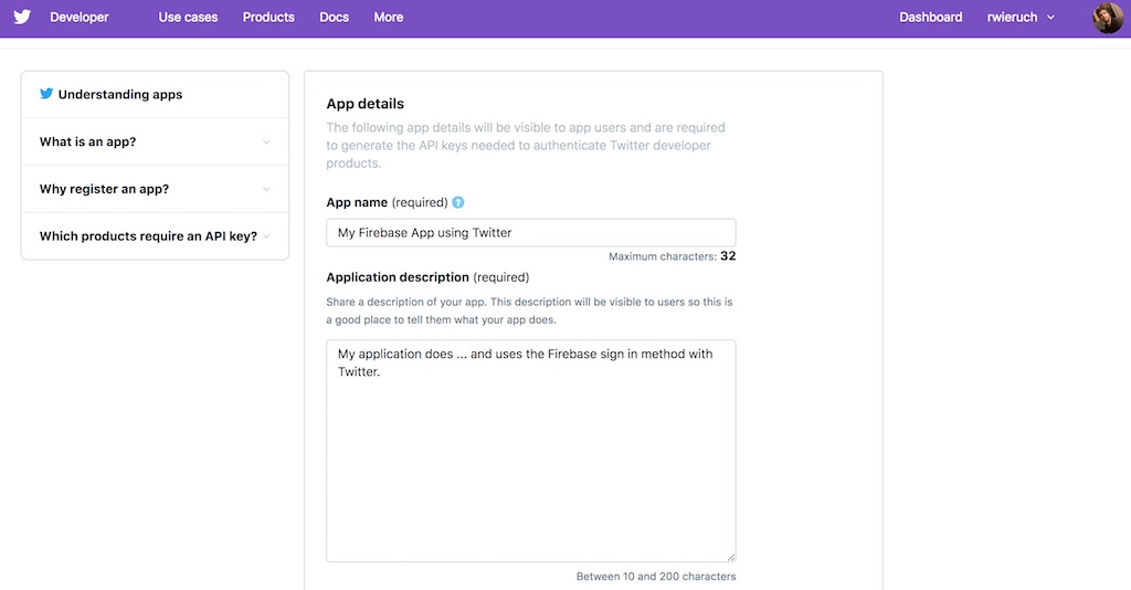 twitter app create name description