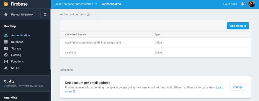 react firebase one account per email