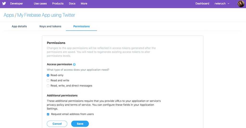 twitter app permissions email