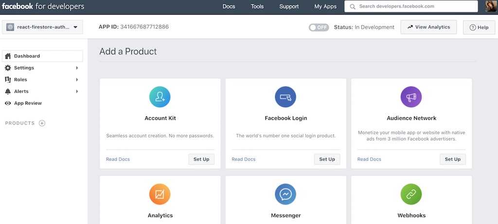 facebook app dashboard products